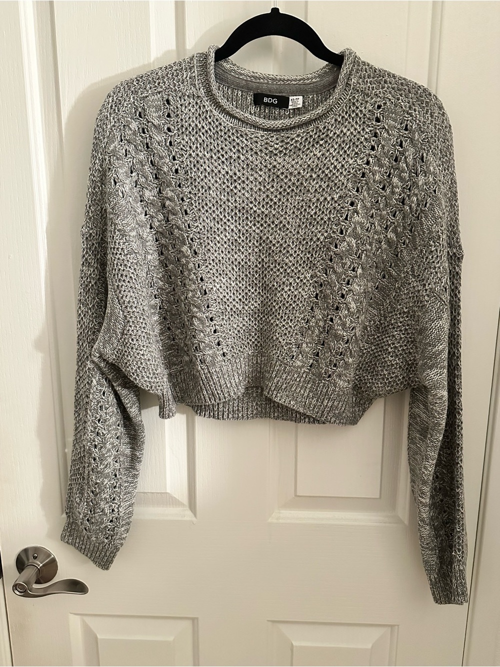BDG Silver Gray Openwork Cropped Crewneck Sweater